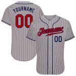 Custom Personalized Baseball Jersey - Gray Red Pinstripe, Red-Navy, Team Name & Number Personalized Gray Red Pinstripe Red-Navy