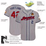 Custom Personalized Baseball Jersey - Gray Red Pinstripe, Red-Navy, Team Name & Number Personalized Gray Red Pinstripe Red-Navy