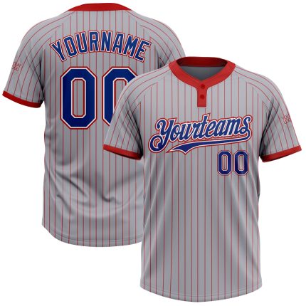Custom Name Number Unisex Softball Jersey - Personalized Gray Red Pinstripe Roya-White Two-Button Design Personalized Gray