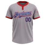 Custom Name Number Unisex Softball Jersey - Personalized Gray Red Pinstripe Roya-White Two-Button Design Personalized Gray
