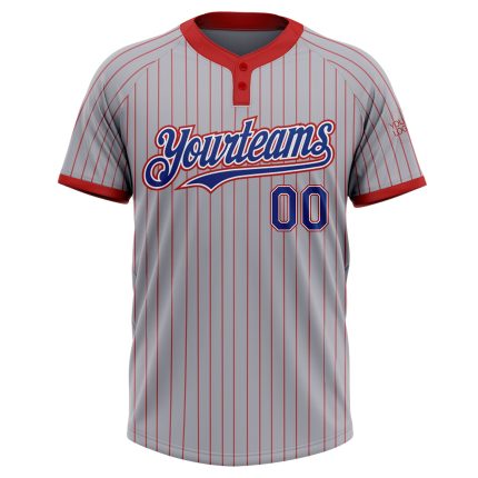 Custom Name Number Unisex Softball Jersey - Personalized Gray Red Pinstripe Roya-White Two-Button Design Personalized Gray