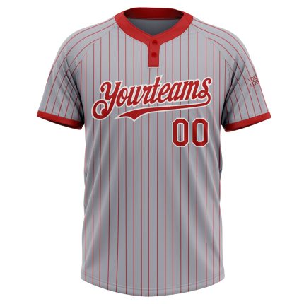 Custom Name and Number Unisex Softball Jersey - Gray Red Pinstripe Two-Button Design Personalized Gray Red Pinstripe White