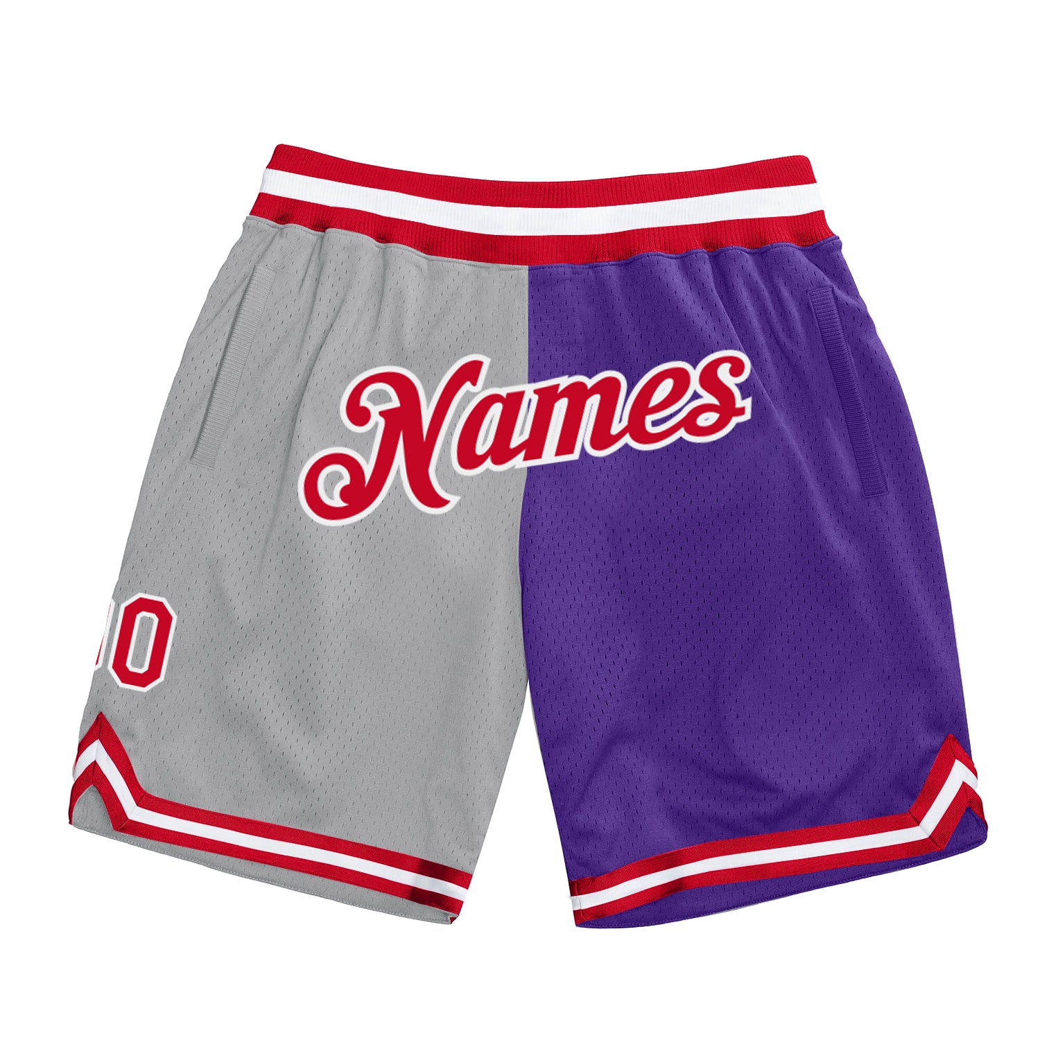 Custom Name and Number Basketball Shorts - Personalized Authentic Gray Red-Purple Throwback Split Fashion Style Personalized
