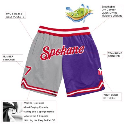 Custom Name and Number Basketball Shorts - Personalized Authentic Gray Red-Purple Throwback Split Fashion Style Personalized
