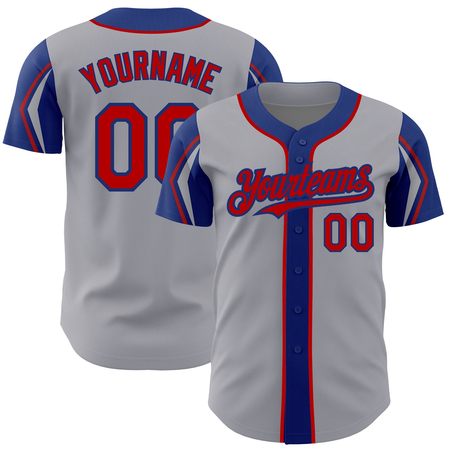 Custom Authentic Baseball Jersey with 3 Colors Arm Shapes - Personalized Gray Red-Royal Team Name and Number Personalized