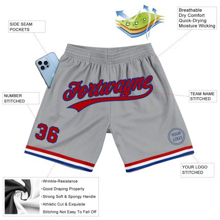 Custom Name and Number Personalized Authentic Basketball Shorts Red Gray Royal Personalized Gray Red-Royal Authentic Throwback