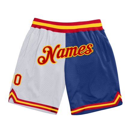 Personalized Red Royal Gray Authentic Split Fashion Basketball Shorts Personalized Gray Red-Royal Authentic Throwback Split