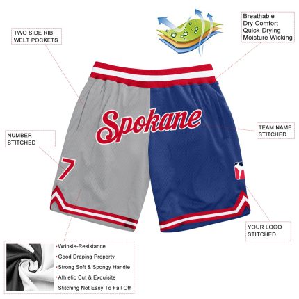 Custom Name Number Basketball Shorts Gray Red-Royal Authentic Throwback Split Fashion for Team Personalized Gray Red-Royal