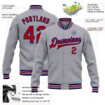 Personalized Varsity Letterman Jacket Gray Red-Royal Full-Snap Bomber for Men and Women Personalized Gray Red-Royal Bomber