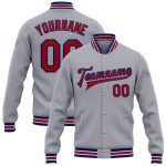 Personalized Varsity Letterman Jacket Gray Red-Royal Full-Snap Bomber for Men and Women Personalized Gray Red-Royal Bomber