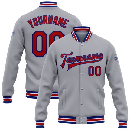 Personalized Varsity Letterman Jacket Gray Red-Royal Full-Snap Bomber for Men and Women Personalized Gray Red-Royal Bomber