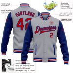 Custom Name Number Varsity Letterman Jacket Gray Red-Royal Two Tone Full-Snap Bomber Team Apparel Personalized Gray Red-Royal