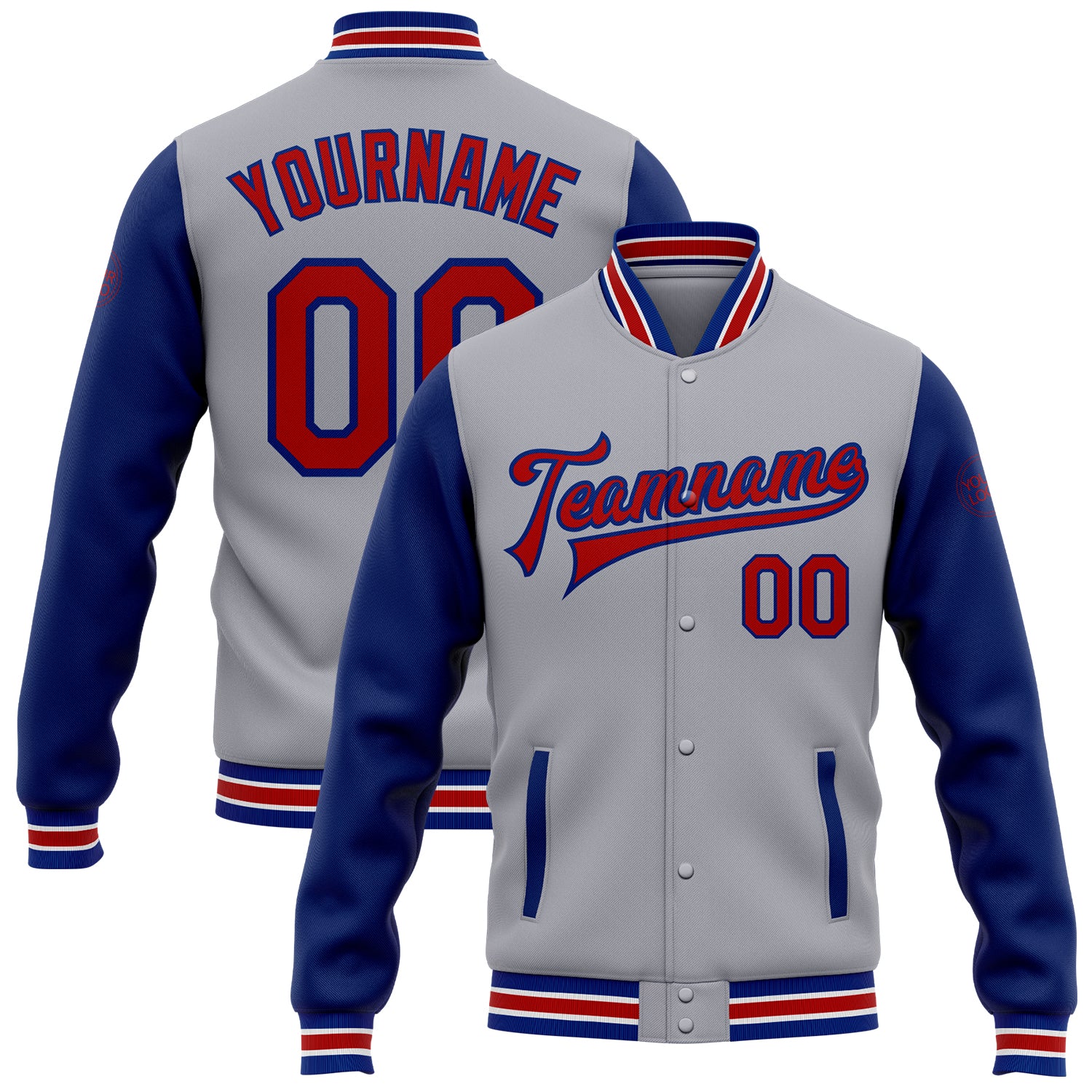 Custom Name Number Varsity Letterman Jacket Gray Red-Royal Two Tone Full-Snap Bomber Team Apparel Personalized Gray Red-Royal
