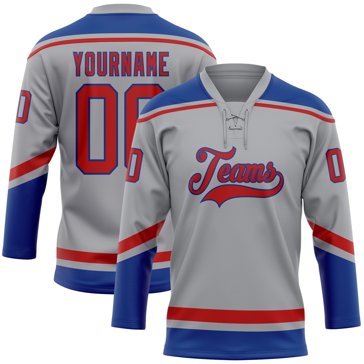 Custom Team Jersey with Name and Number - Personalized Gray and Red-Royal Hockey Lace Neck Jersey Personalized Gray Red-Royal
