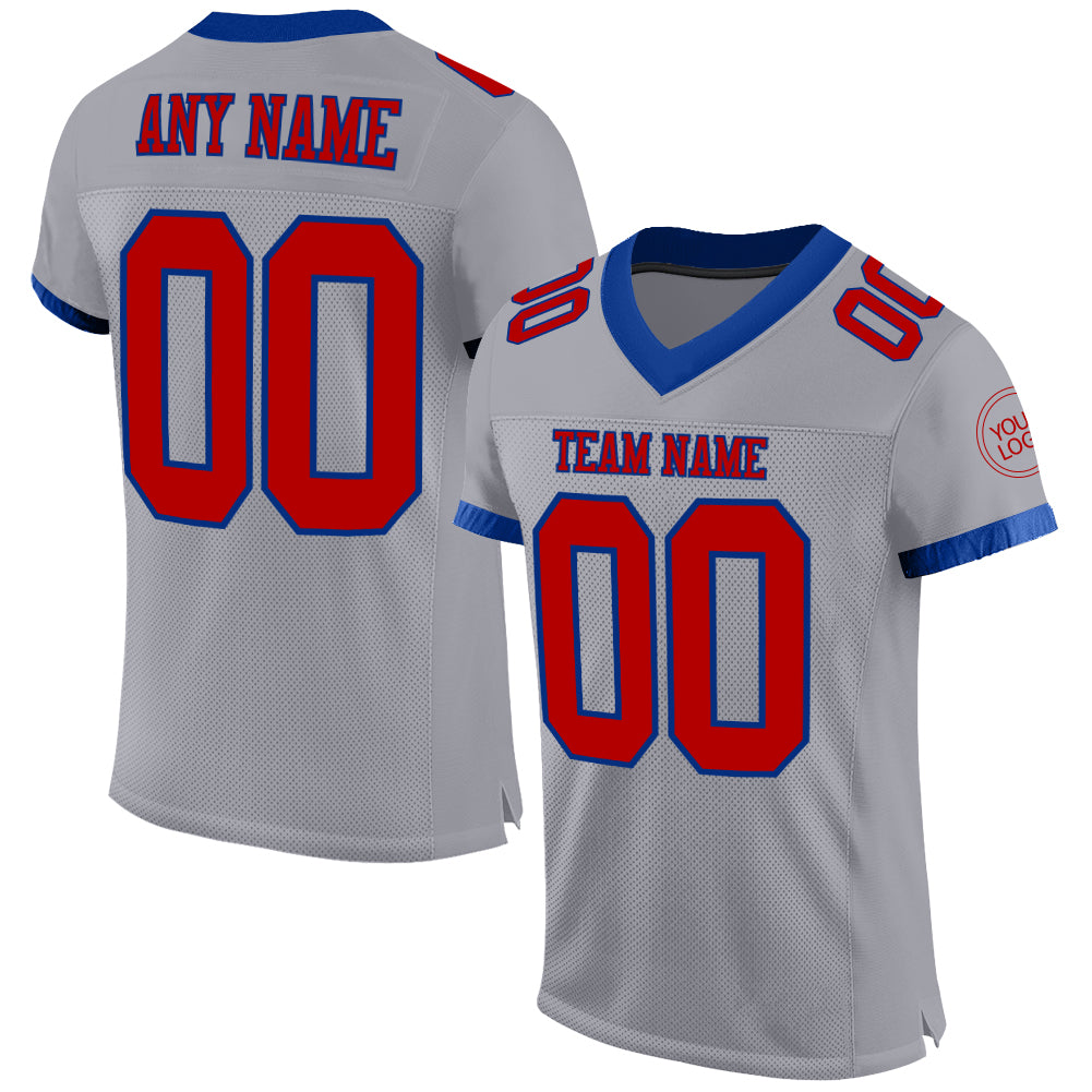 Custom Name Number Personalized Football Jersey Gray Red-Royal Mesh Authentic Team Apparel Personalized Gray Red-Royal Mesh