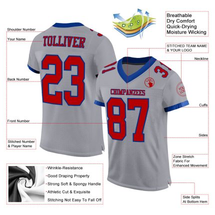Custom Name Number Personalized Football Jersey Gray Red-Royal Mesh Authentic Team Apparel Personalized Gray Red-Royal Mesh