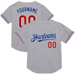 Personalized Authentic Throwback Baseball Jersey Gray Red-Royal Mesh Design Personalized Gray Red-Royal Mesh Authentic Throwback