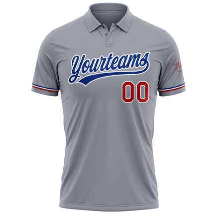 Personalized Performance Vapor Golf Polo Shirt in Gray and Red-Royal Color Personalized Gray Red-Royal Performance Vapor
