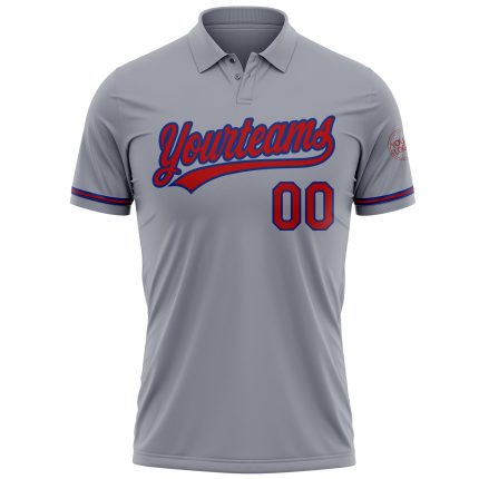 Custom Name Number Golf Polo Shirt Performance Vapor Gray Red-Royal Team Personalized Gray Red-Royal Performance Vapor Golf
