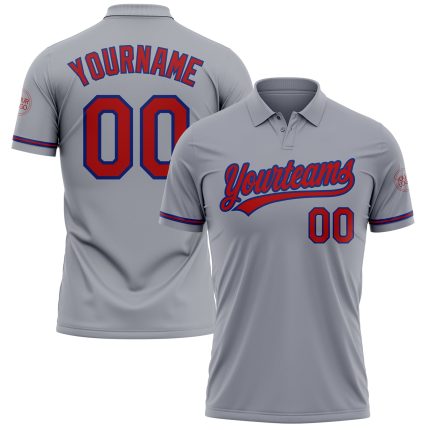 Custom Name Number Golf Polo Shirt Performance Vapor Gray Red-Royal Team Personalized Gray Red-Royal Performance Vapor Golf