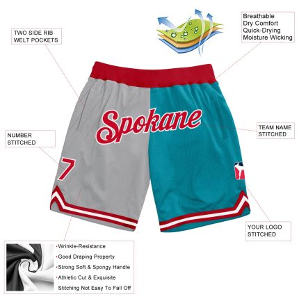 Custom Team Basketball Shorts with Name & Number - Personalized Gray Red-Teal Authentic Throwback Style Personalized Gray