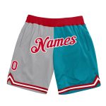 Custom Team Basketball Shorts with Name & Number - Personalized Gray Red-Teal Authentic Throwback Style Personalized Gray
