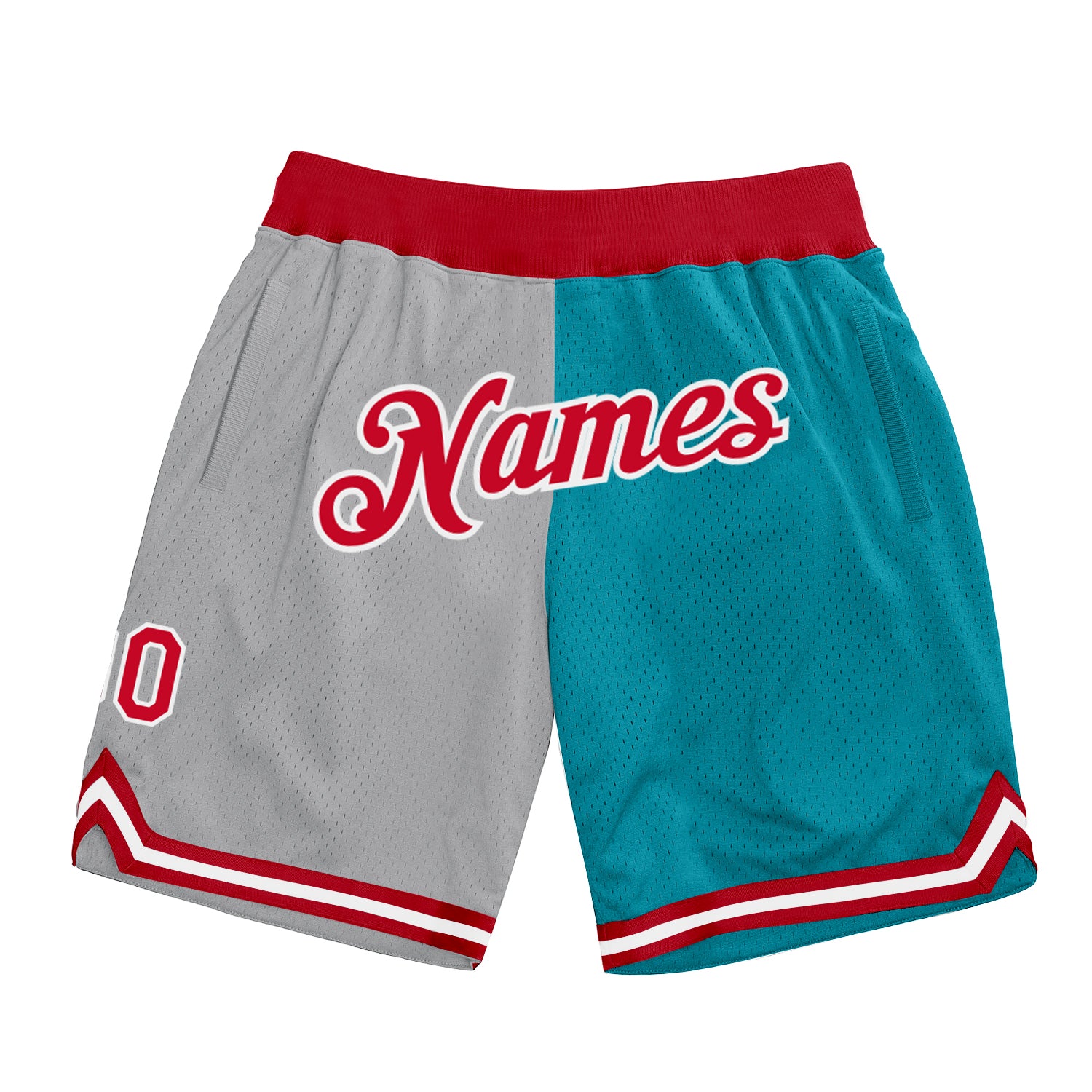 Custom Team Basketball Shorts with Name & Number - Personalized Gray Red-Teal Authentic Throwback Style Personalized Gray