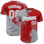 Custom Name and Number 3D Pattern Baseball Jersey in Gray Red-White Abstract Brush Stroke Design Personalized Gray Red-White