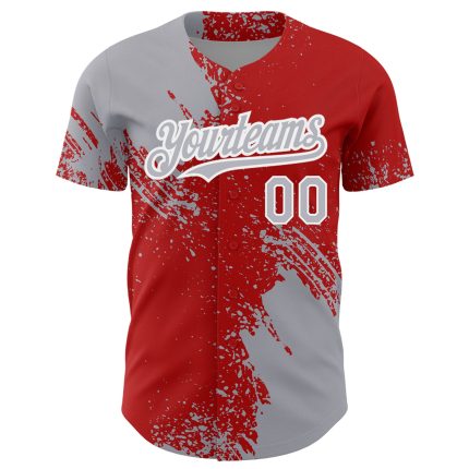 Custom Name and Number 3D Pattern Baseball Jersey in Gray Red-White Abstract Brush Stroke Design Personalized Gray Red-White