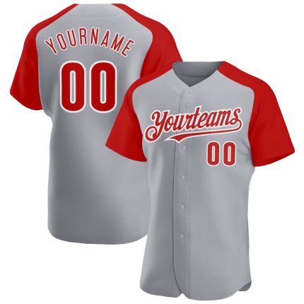Personalized Custom Name & Number Gray Red-White Baseball Jersey Authentic Raglan Sleeves Personalized Gray Red-White Authentic