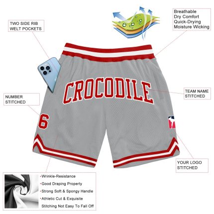 Personalized Authentic Basketball Shorts in Gray Red-White Throwback Style Personalized Gray Red-White Authentic Throwback