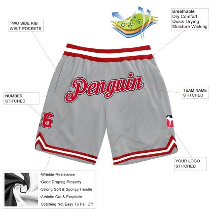 Custom Name Number Basketball Shorts - Personalized Gray Red White Authentic Throwback Team Gear Personalized Gray Red-White