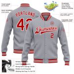 Personalized Red White Gray Varsity Letterman Bomber Full-Snap Jacket Personalized Gray Red-White Bomber Full-Snap Varsity