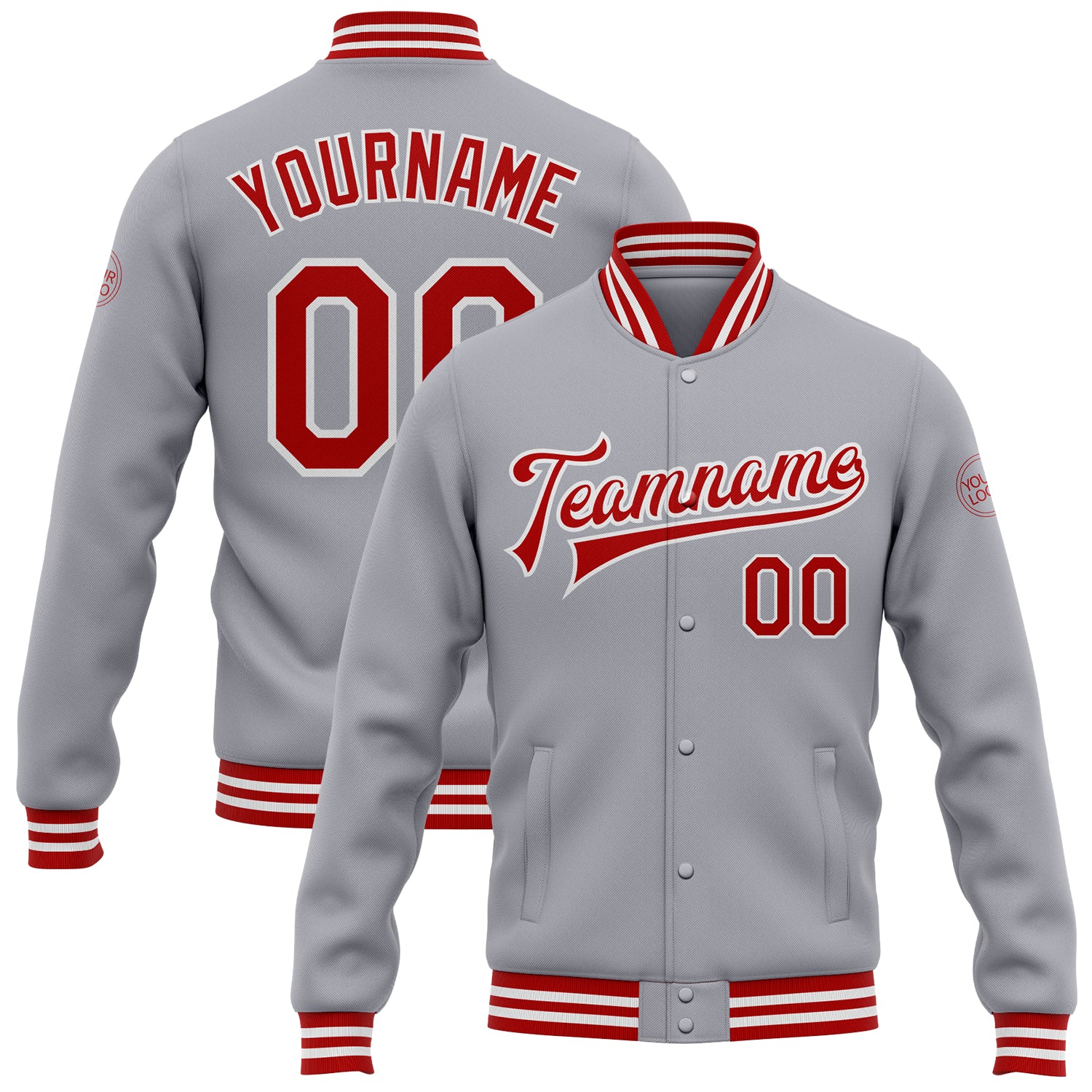 Personalized Red White Gray Varsity Letterman Bomber Full-Snap Jacket Personalized Gray Red-White Bomber Full-Snap Varsity