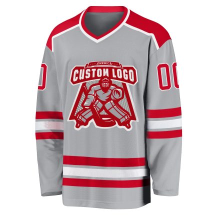 Personalized Red White Gray Hockey Jersey - Custom Team Jersey for All Ages Personalized Gray Red-White Hockey Jersey