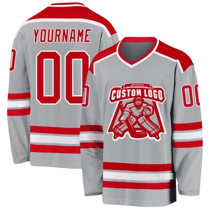 Personalized Red White Gray Hockey Jersey - Custom Team Jersey for All Ages Personalized Gray Red-White Hockey Jersey