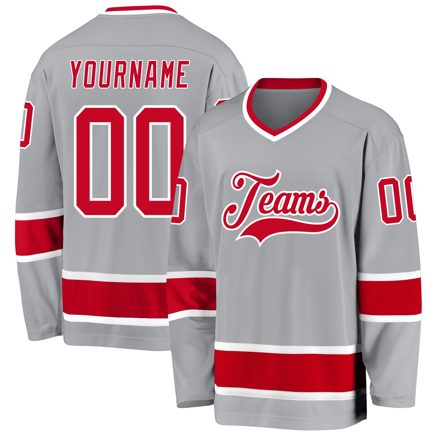 Custom Team Hockey Jersey - Personalized Gray Red White with Name and Number Personalized Gray Red-White Hockey Jersey Team