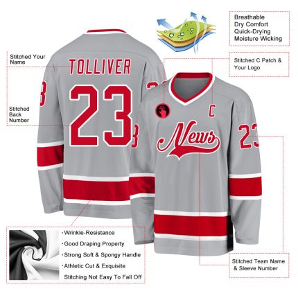 Custom Team Hockey Jersey - Personalized Gray Red White with Name and Number Personalized Gray Red-White Hockey Jersey Team