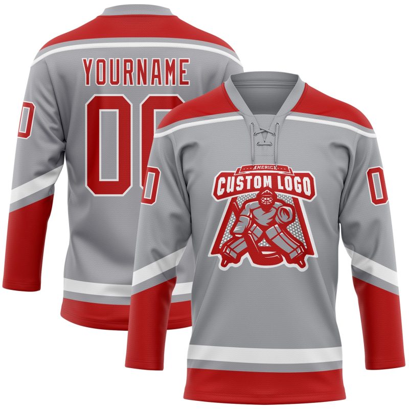 Custom Name and Number Personalized Hockey Jersey with Gray Red-White Lace Neck Design Personalized Gray Red-White Hockey