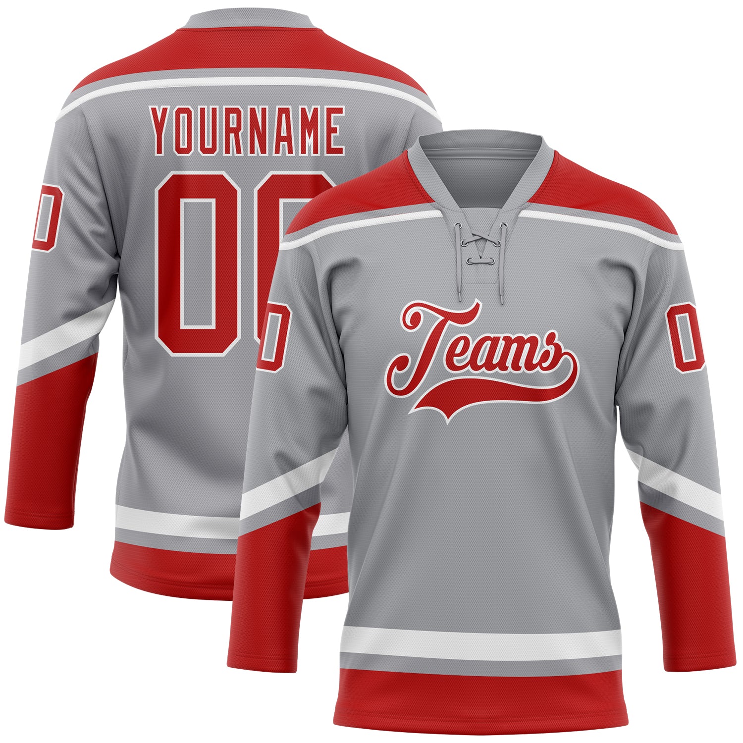 Custom Name and Number Personalized Hockey Jersey with Gray Red-White Lace Neck Design Personalized Gray Red-White Hockey