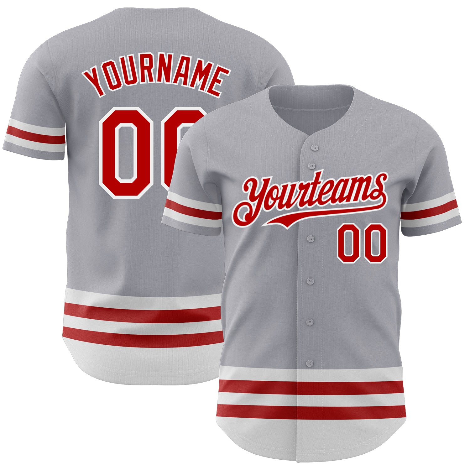 Custom Authentic Baseball Jersey with Personalized Name & Number in Gray, Red, and White Lines Personalized Gray Red-White