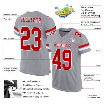 Custom Name Number Mesh Football Jersey - Personalized Gray Red-White Authentic Team Jersey Personalized Gray Red-White Mesh