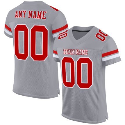 Custom Name Number Mesh Football Jersey - Personalized Gray Red-White Authentic Team Jersey Personalized Gray Red-White Mesh