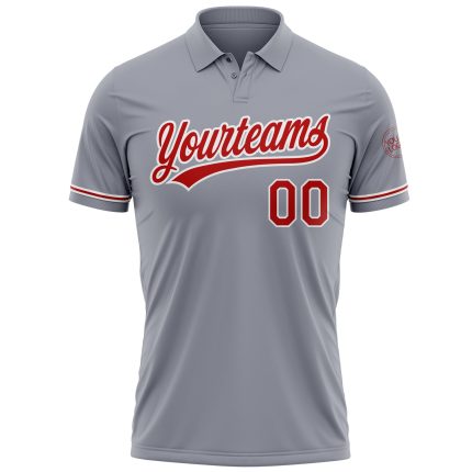 Custom Name Number Gray Red-White Performance Vapor Golf Polo Shirt - Personalized Team Apparel Personalized Gray Red-White