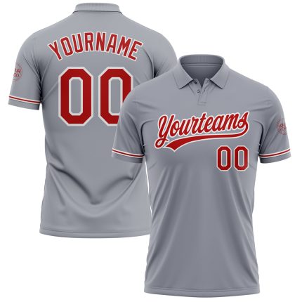 Custom Name Number Gray Red-White Performance Vapor Golf Polo Shirt - Personalized Team Apparel Personalized Gray Red-White