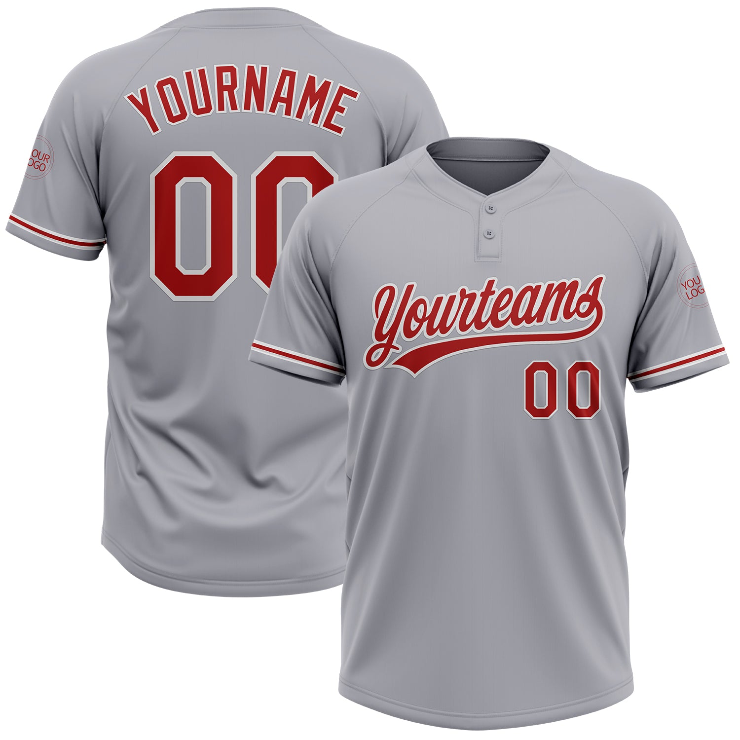 Customizable Unisex Softball Jersey - Gray Red White Two-Button Design Personalized Gray Red-White Two-Button Unisex Softball