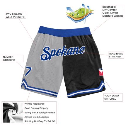 Personalized Authentic Basketball Shorts - Gray Royal Black Throwback Split Design Personalized Gray Royal-Black Authentic