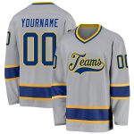 Custom Name Number Gray Royal-Gold Hockey Jersey Personalized Team Apparel Personalized Gray Royal-Gold Hockey Jersey Team