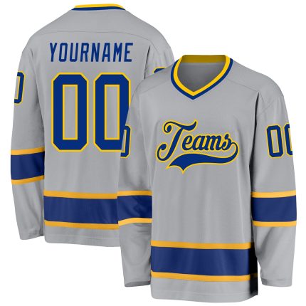 Custom Name Number Gray Royal-Gold Hockey Jersey Personalized Team Apparel Personalized Gray Royal-Gold Hockey Jersey Team