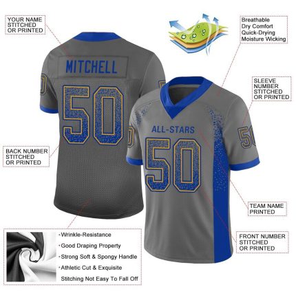 Custom Gray Royal-Gold Mesh Football Jersey with Personalized Name and Number - Drift Fashion Team Apparel Personalized Gray